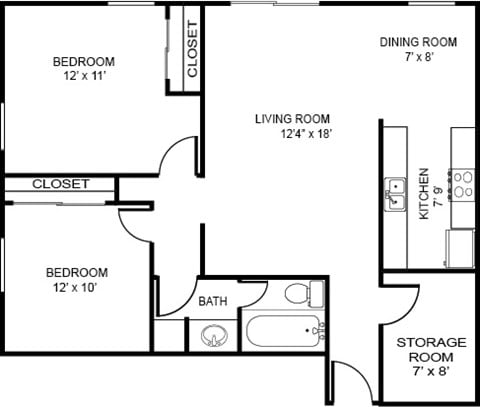 Floor plan for 2 beds, 1 bath, 945 sqft
